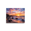 'Coastal Fire' — a Art photography print. A vibrant photograph of a sunset over a rocky beach with crashing waves and birds flying in the distance, a beautiful piece for a Living Room.