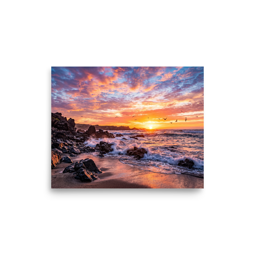 'Coastal Fire' — a Art photography print. A vibrant photograph of a sunset over a rocky beach with crashing waves and birds flying in the distance, a beautiful piece for a Living Room.