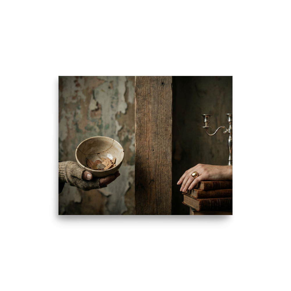 'The Divide' — a Art photography print. Conceptual photograph showing a hand in a tattered glove holding a cracked bowl with coins on the left, separated by a wooden pillar from an elegant hand resting on books with a silver candelabra on the right, fitting for a thoughtful office or library.