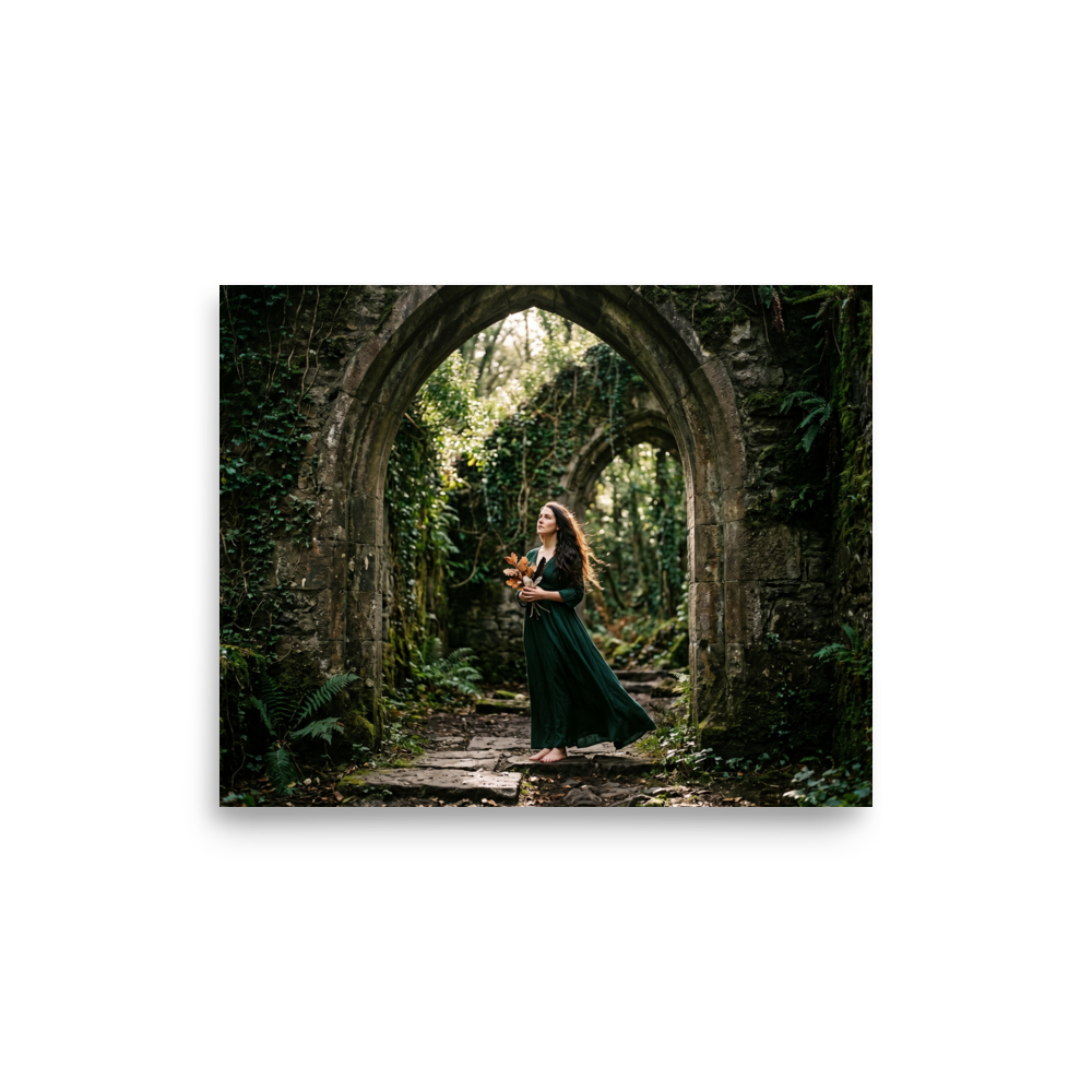 'The Forest Guardian' — a Art photography print. A photograph of a woman in a green dress standing barefoot under ruined stone arches in a forest, bringing a touch of fantasy and nature to a Bedroom.