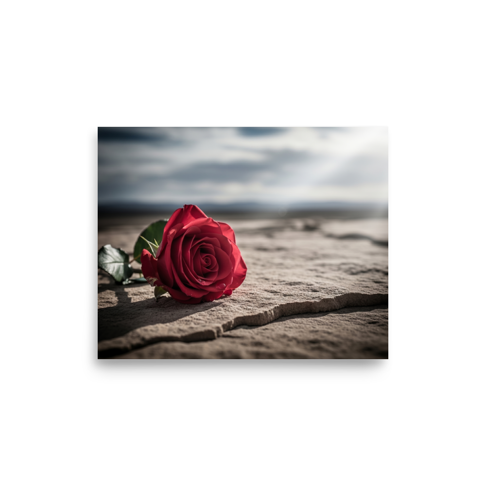 'Red Rose on Stone' — a Art photography print. Close-up photograph of a vivid red rose lying on textured stone against a soft, moody landscape, perfect for a romantic bedroom or living room.