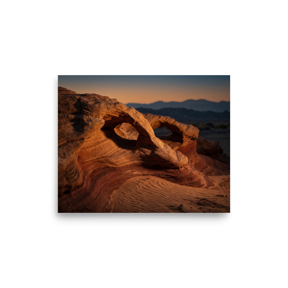 'Desert Whispers' — a Art photography print. A stunning photograph of red sandstone arches in a desert landscape during golden hour, an ideal piece to bring natural warmth to a Living Room.