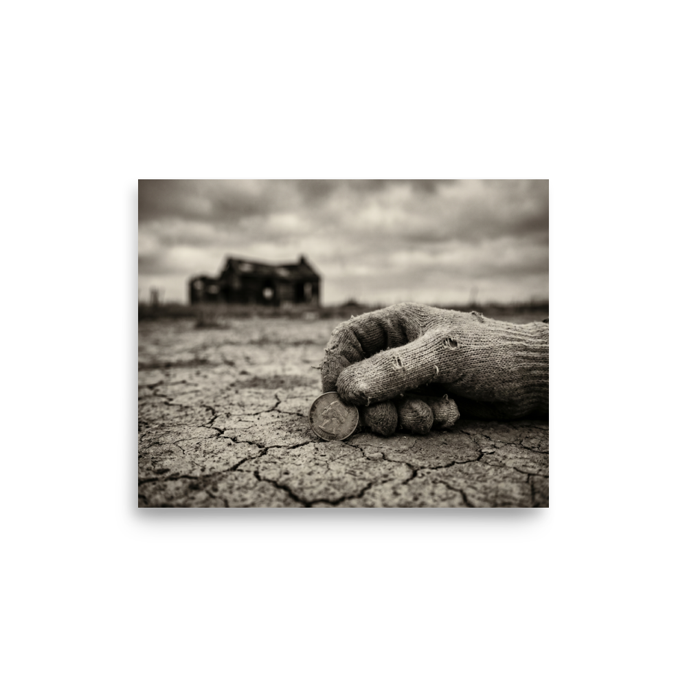 'The Last Coin' — a American realism print. A sepia-toned photograph of a worn, gloved hand holding a coin on cracked earth, with an abandoned house in the background, suitable for a rustic Office or Living Room.
