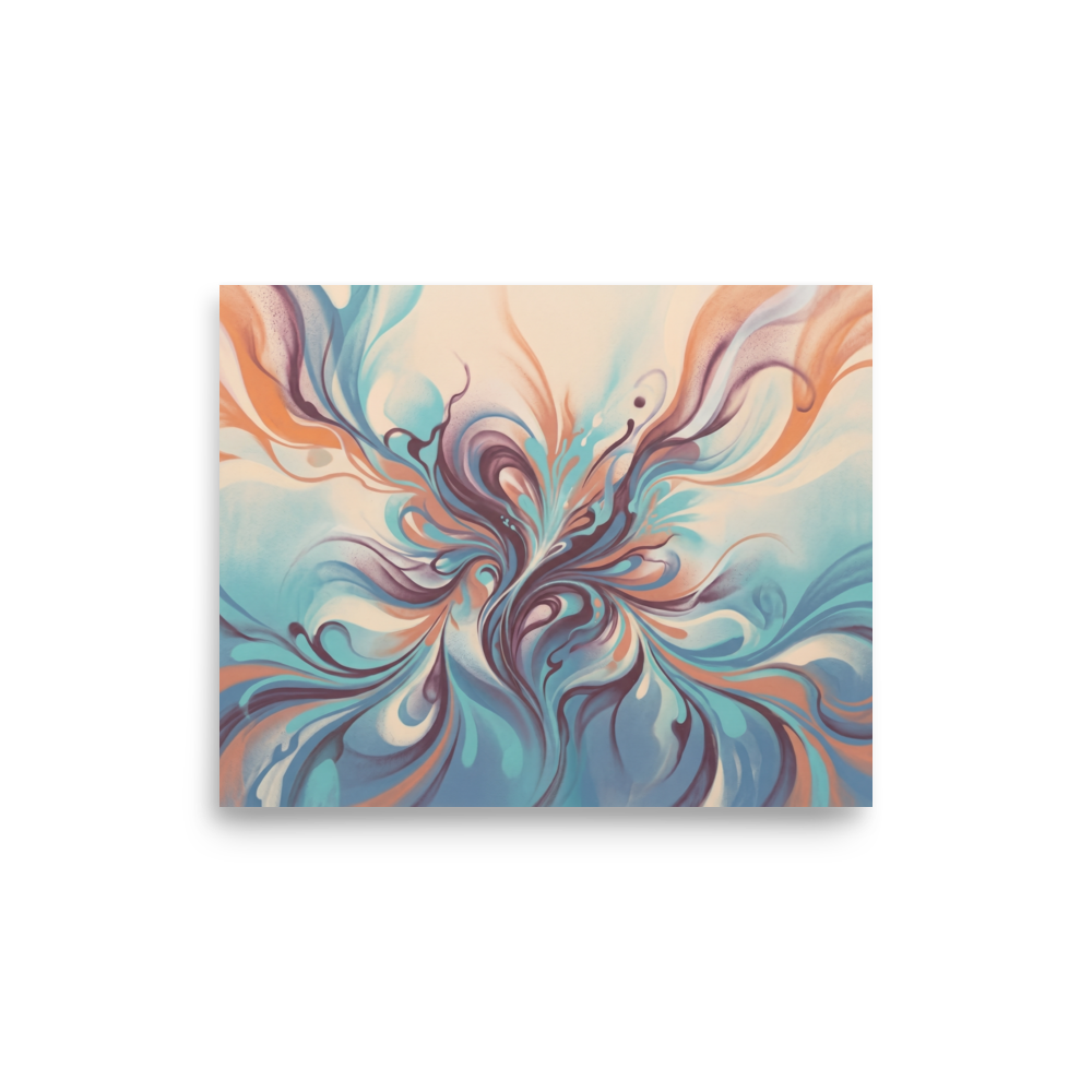 'Aqua Arabesque' — a Abstract art print. An intricate fluid abstract design in teal, peach, and deep purple with graceful sweeping curves, perfect for a Salon / Spa.
