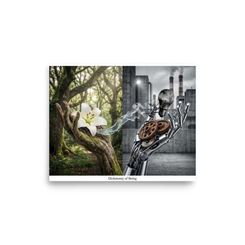 'Dichotomy of Being' — a Surrealism print. A split composition showing a wooden hand holding a white lily on one side and a robotic hand holding a lightbulb on the other, perfect for an office.