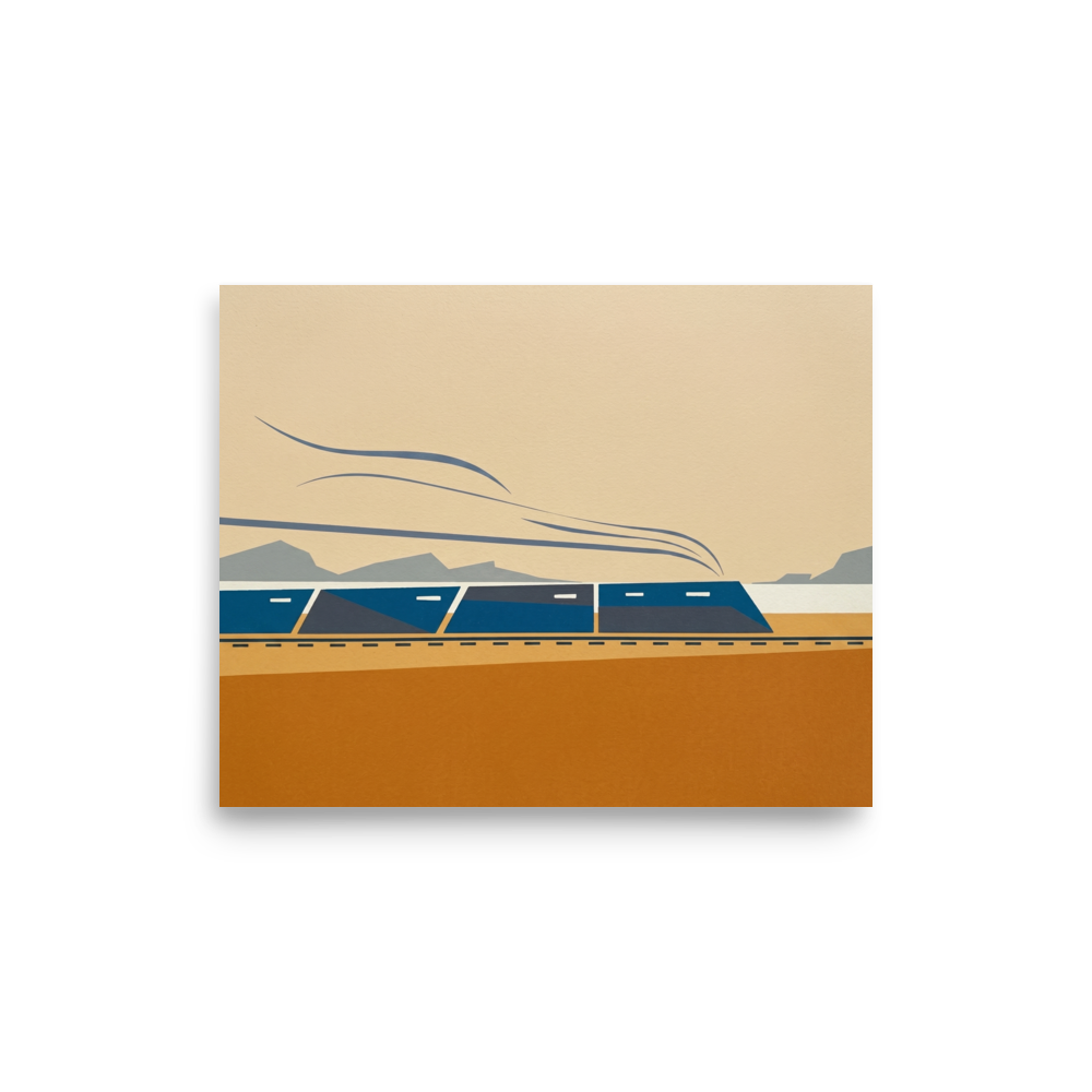 'The Coastal Express' — a Minimalism print. A modern minimalist graphic illustration of a blue train moving across an ochre and beige landscape with grey mountains in the background, ideal for an Office or Boy's Bedroom.