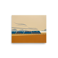 'The Coastal Express' — a Minimalism print. A modern minimalist graphic illustration of a blue train moving across an ochre and beige landscape with grey mountains in the background, ideal for an Office or Boy's Bedroom.