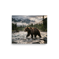 'River Crossing' — a Art photography print. A photograph of a large brown bear walking through a shallow rocky river with mountains and a misty forest in the background, a striking nature piece for a Cabin / Lodge.
