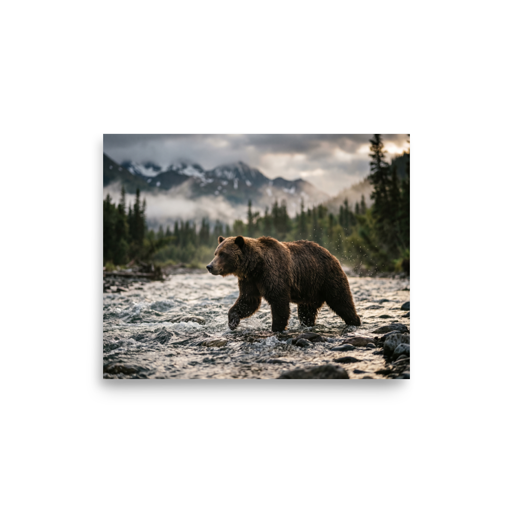 'River Crossing' — a Art photography print. A photograph of a large brown bear walking through a shallow rocky river with mountains and a misty forest in the background, a striking nature piece for a Cabin / Lodge.