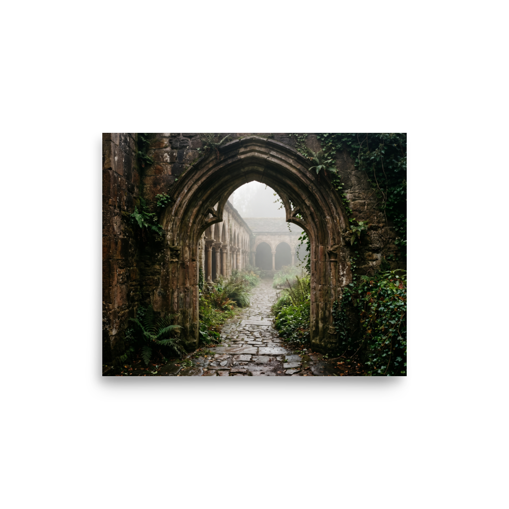 'The Forgotten Abbey' — a Art photography print. A photograph of a ruined gothic abbey covered in lush greenery and thick fog, bringing an element of mystery to a Library or Study.