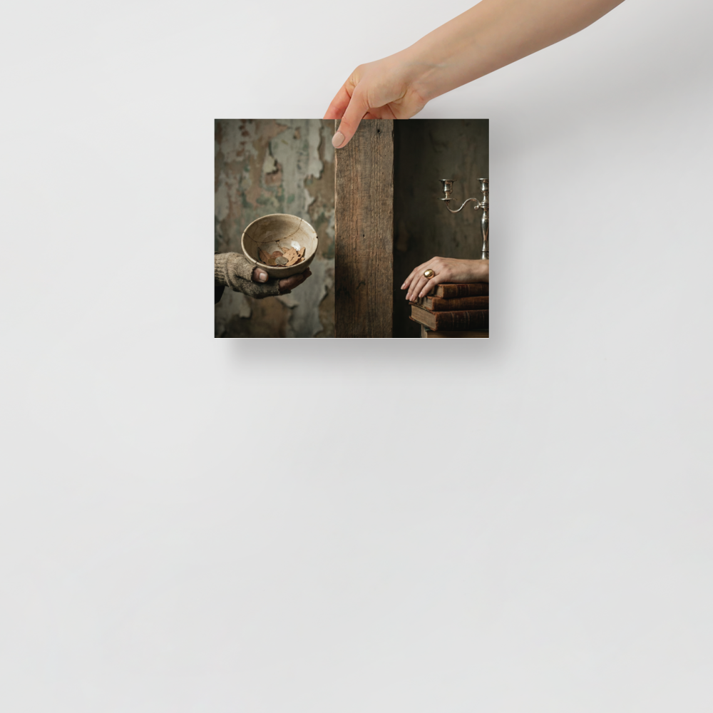'The Divide' — a Art photography print. Conceptual photograph showing a hand in a tattered glove holding a cracked bowl with coins on the left, separated by a wooden pillar from an elegant hand resting on books with a silver candelabra on the right, fitting for a thoughtful office or library.