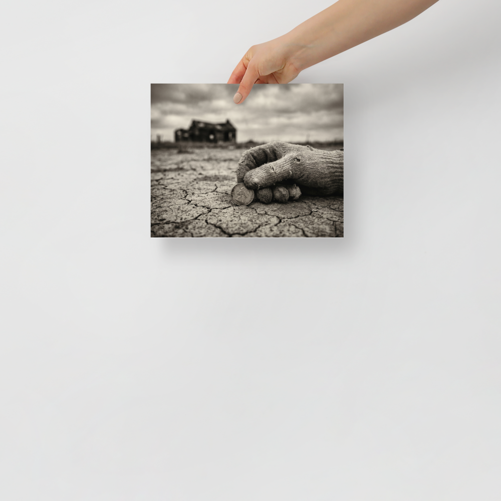 'The Last Coin' — a American realism print. A sepia-toned photograph of a worn, gloved hand holding a coin on cracked earth, with an abandoned house in the background, suitable for a rustic Office or Living Room.