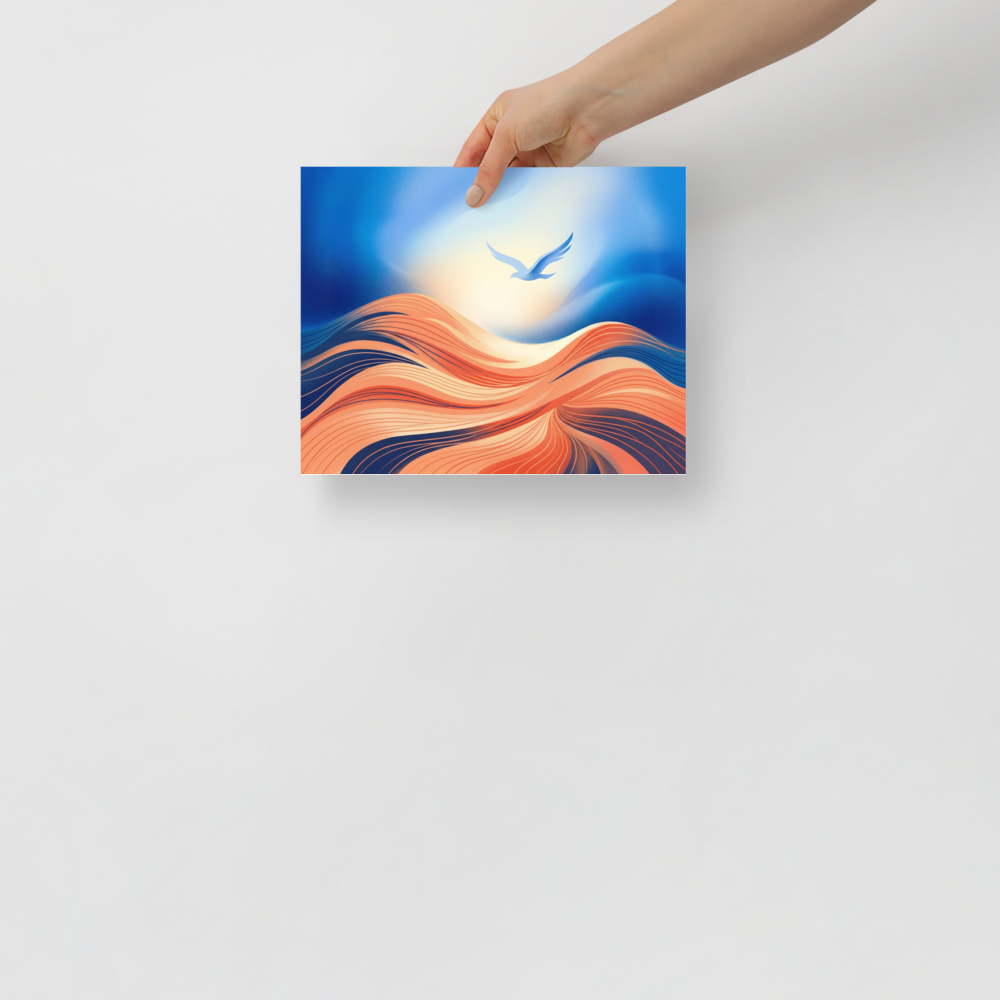 'Flight Over the Dunes' — a Abstract art print. A stylized bird flying over flowing textured orange waves or dunes under a bright blue sky, great for a Sunroom / Conservatory.