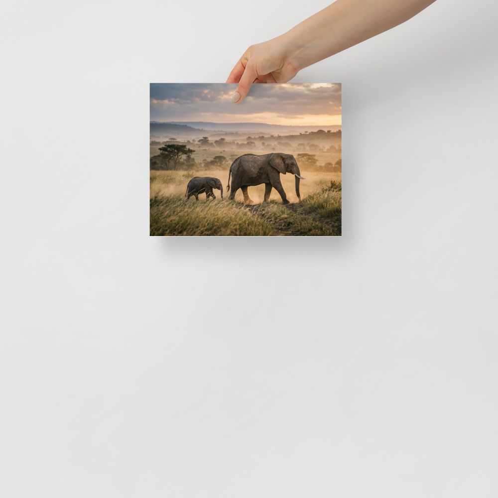 'Savannah Stroll' — a Art photography print. A photograph of a mother elephant and her calf walking through a sunlit, dusty savannah, a perfect nature piece for an Office.