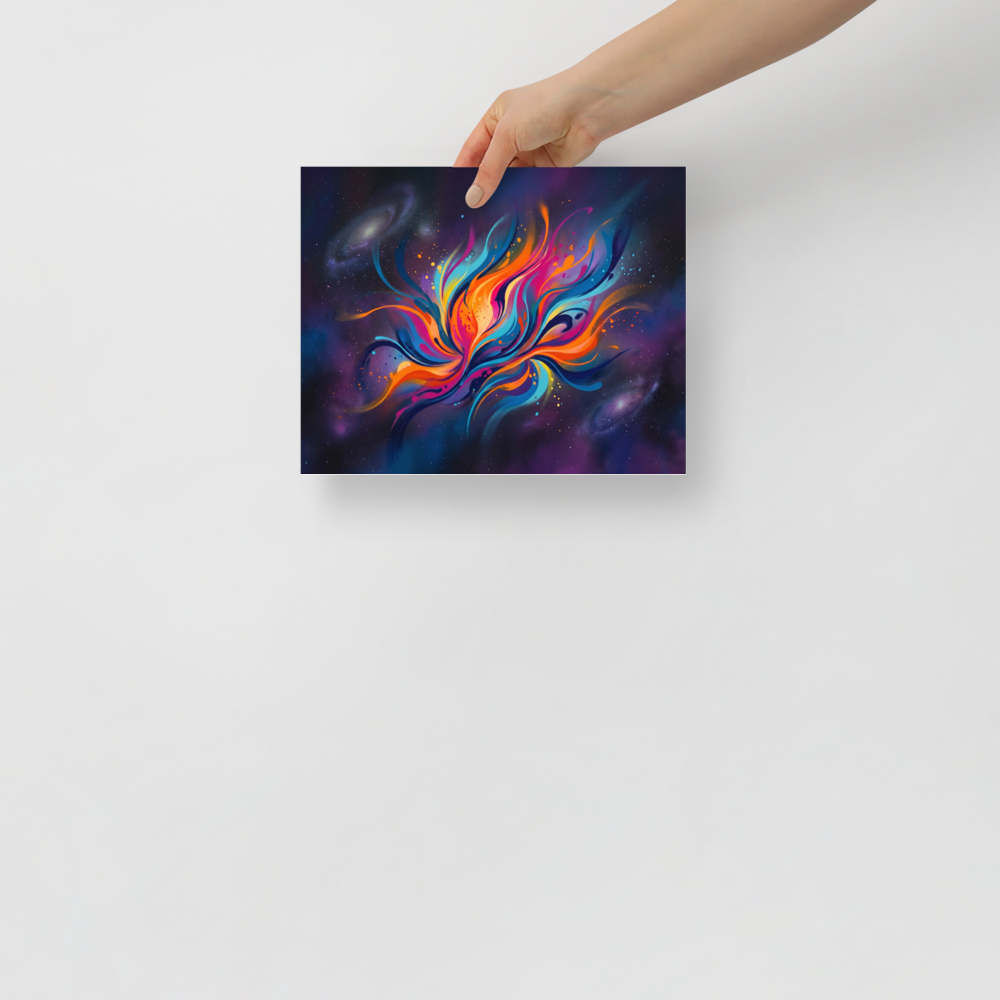 'Cosmic Flora' — a Abstract art print. An abstract colorful fluid explosion resembling a flower set against a dark starry space background, ideal for a Home Theater / Cinema.