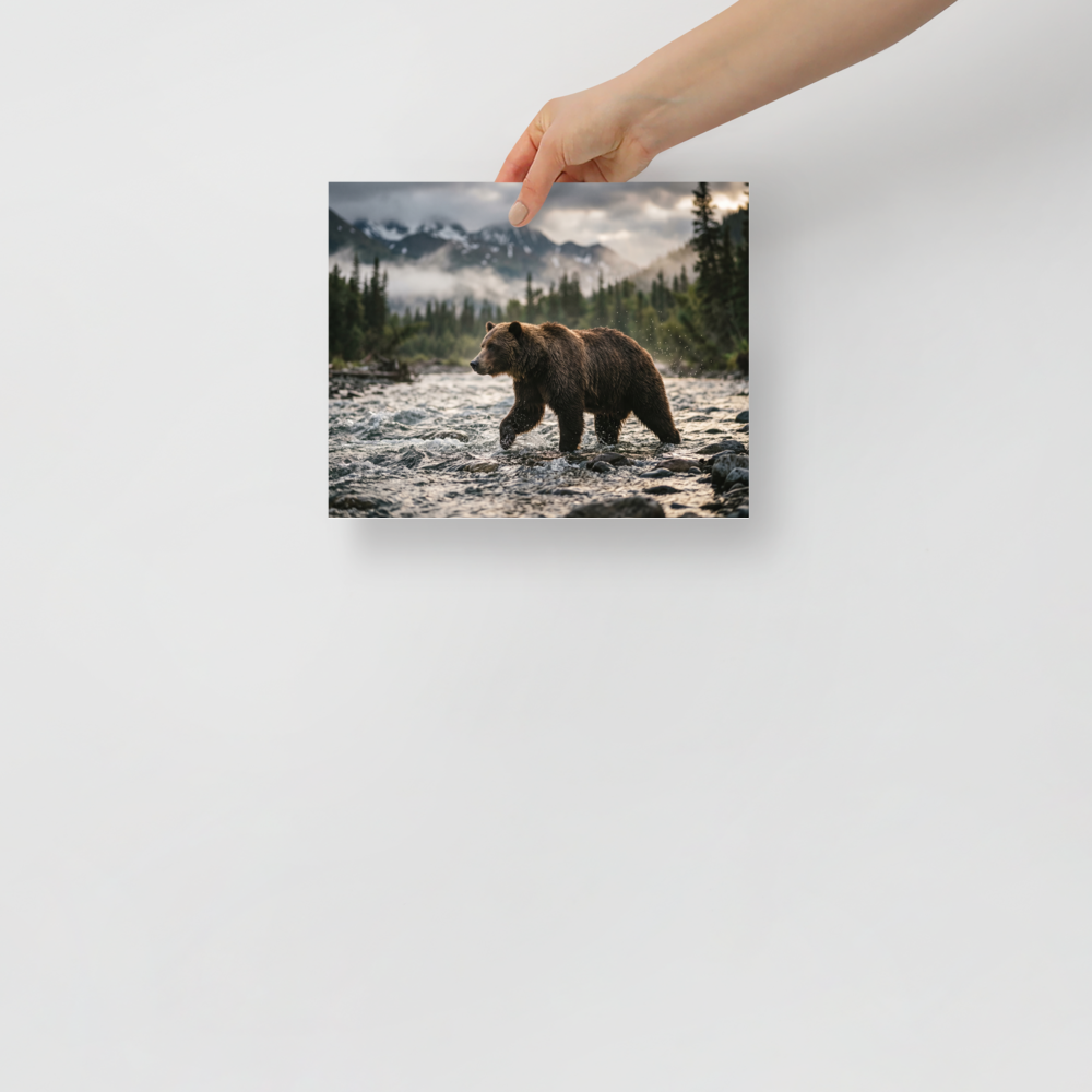 'River Crossing' — a Art photography print. A photograph of a large brown bear walking through a shallow rocky river with mountains and a misty forest in the background, a striking nature piece for a Cabin / Lodge.