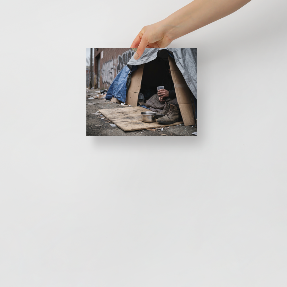 'Urban Realities' — a Art photography print. A photograph of a makeshift shelter made of tarps and cardboard on a dirty city street, with a person sitting inside holding a cup, a striking piece for a Gallery.