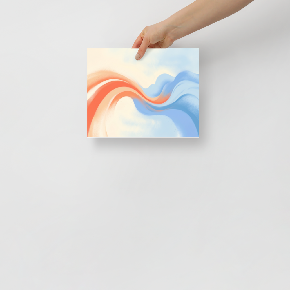 'Soft Serenade' — a Abstract art print. Soft sweeping abstract ribbons of pastel orange and blue on a warm background, beautifully suited for a Bedroom.