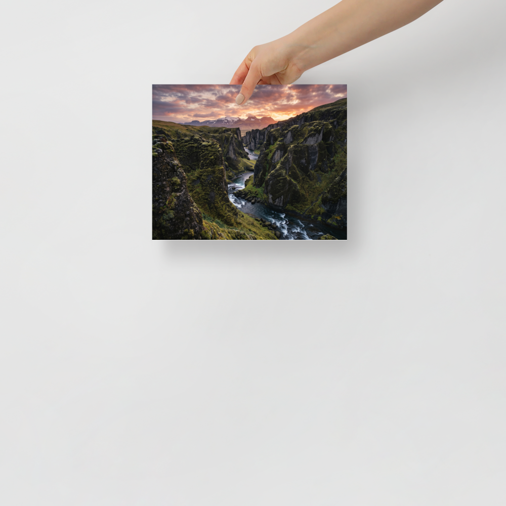 'Canyon of the Dawn' — a Art photography print. A stunning landscape photograph of a moss-covered canyon and river under a vibrant sunrise sky, perfect for bringing the beauty of nature into a Living Room.