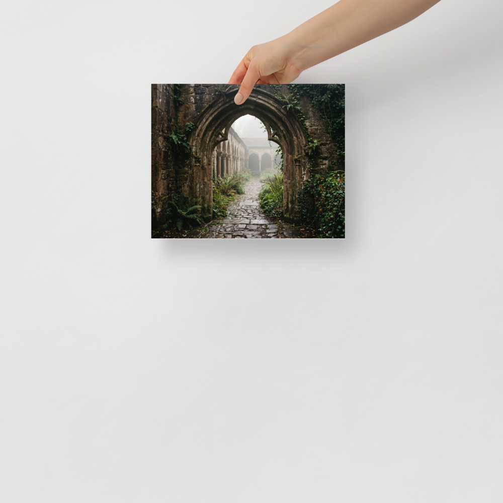 'The Forgotten Abbey' — a Art photography print. A photograph of a ruined gothic abbey covered in lush greenery and thick fog, bringing an element of mystery to a Library or Study.