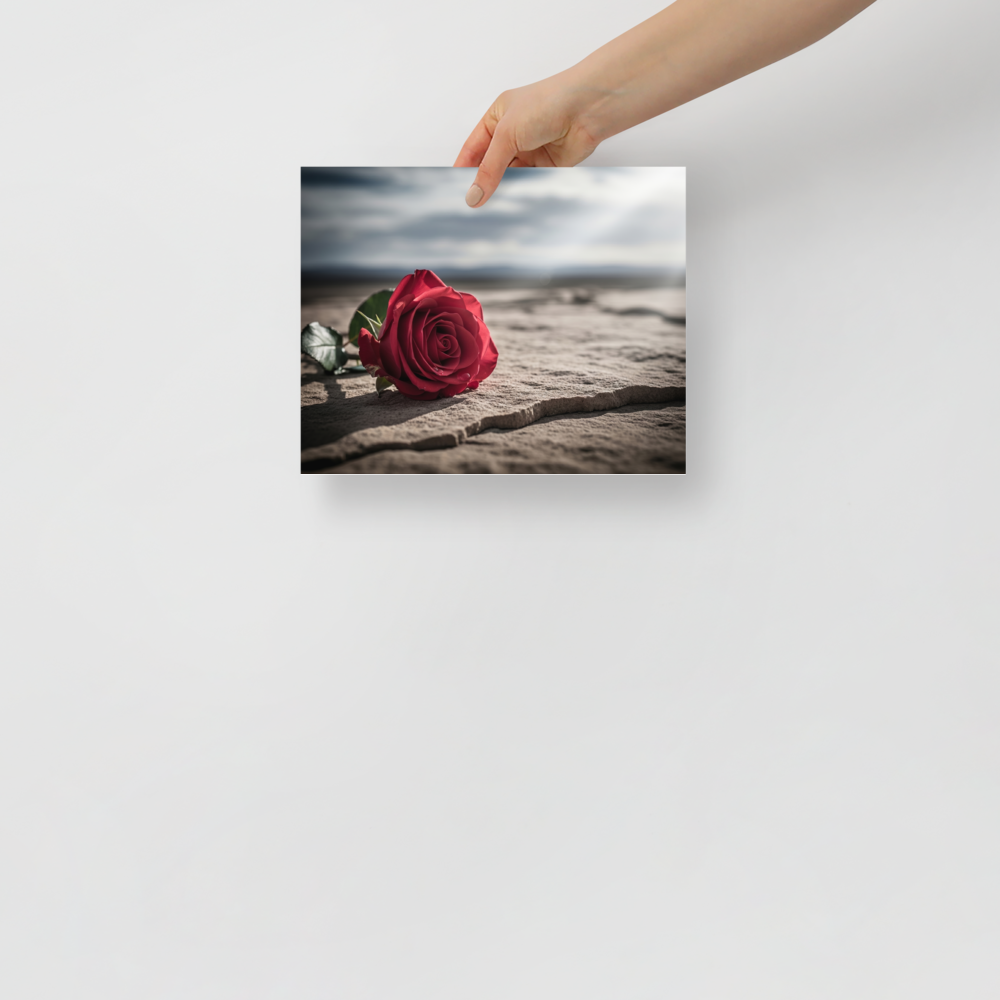 'Red Rose on Stone' — a Art photography print. Close-up photograph of a vivid red rose lying on textured stone against a soft, moody landscape, perfect for a romantic bedroom or living room.