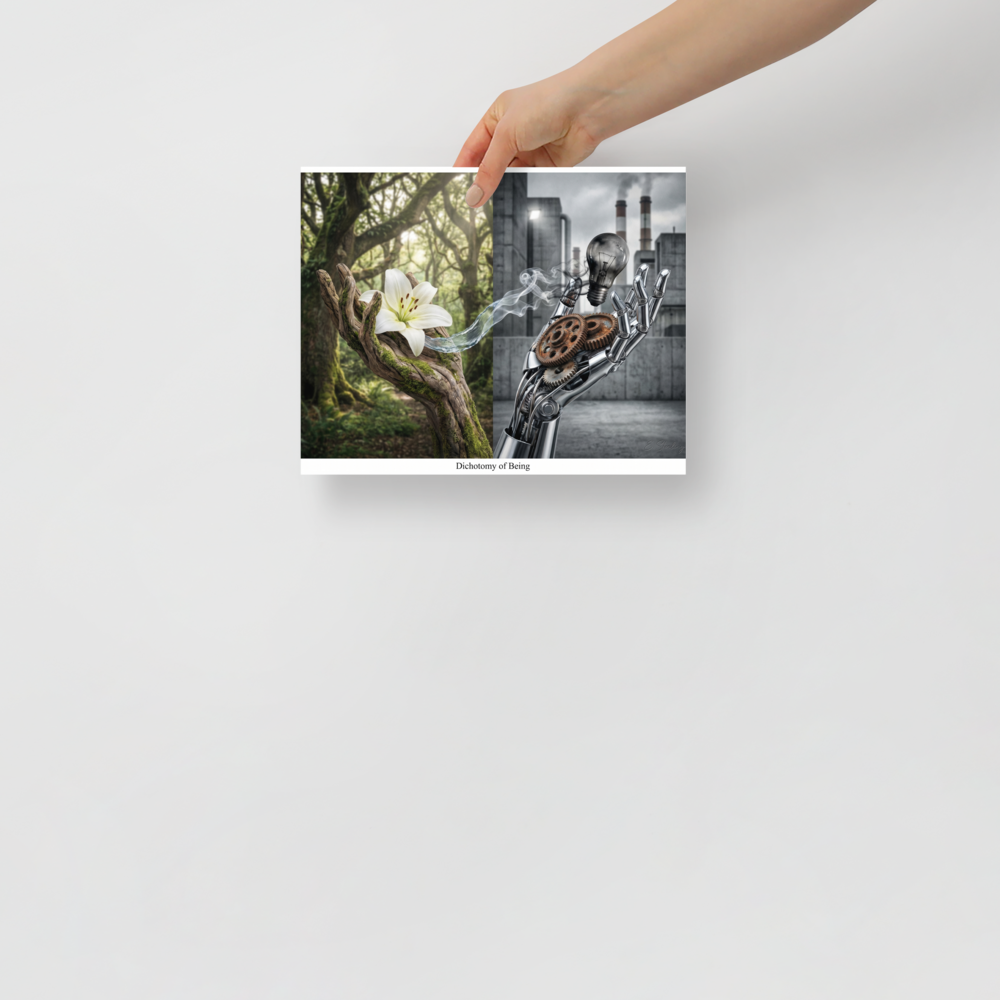'Dichotomy of Being' — a Surrealism print. A split composition showing a wooden hand holding a white lily on one side and a robotic hand holding a lightbulb on the other, perfect for an office.