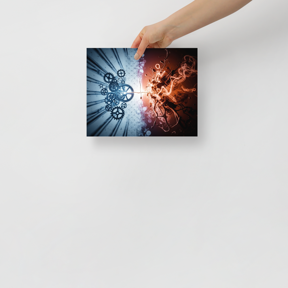 'Mechanical Genesis' — a Abstract art print. A striking contrast of blue mechanical gears and red organic fluid forms, ideal for a modern game room.