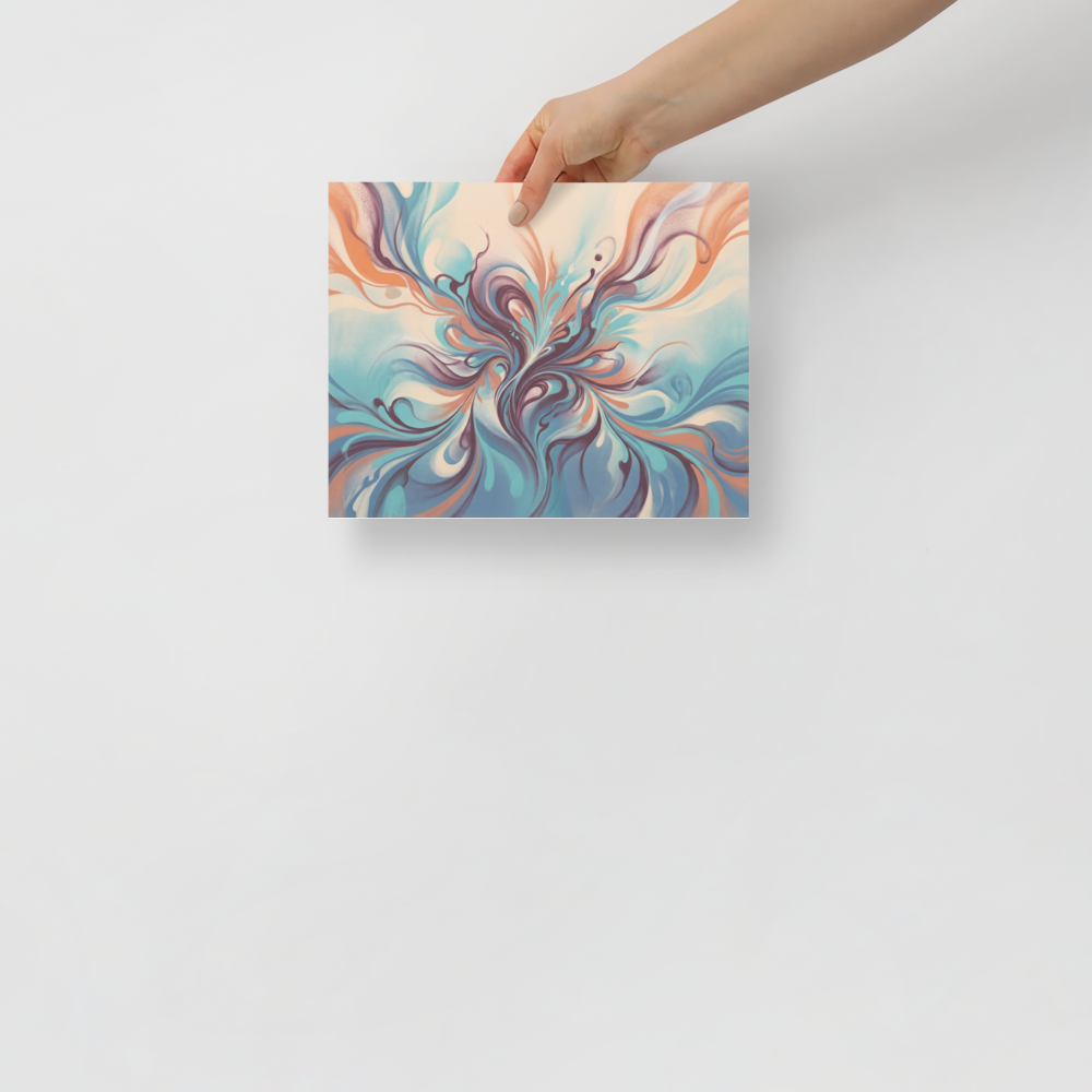 'Aqua Arabesque' — a Abstract art print. An intricate fluid abstract design in teal, peach, and deep purple with graceful sweeping curves, perfect for a Salon / Spa.