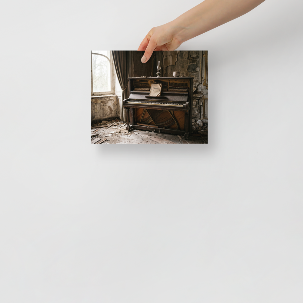 'The Forgotten Melody' — a Art photography print. A photograph of an old, dusty piano with Chopin sheet music in an abandoned room with peeling walls, perfect for bringing a touch of history to a Library.