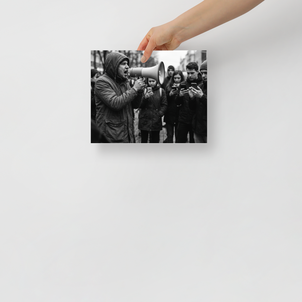 'Deafening Silence' — a Art photography print. Black and white photograph of a man shouting into a megaphone while the surrounding crowd ignores him to look at their smartphones, fitting for an office or den.