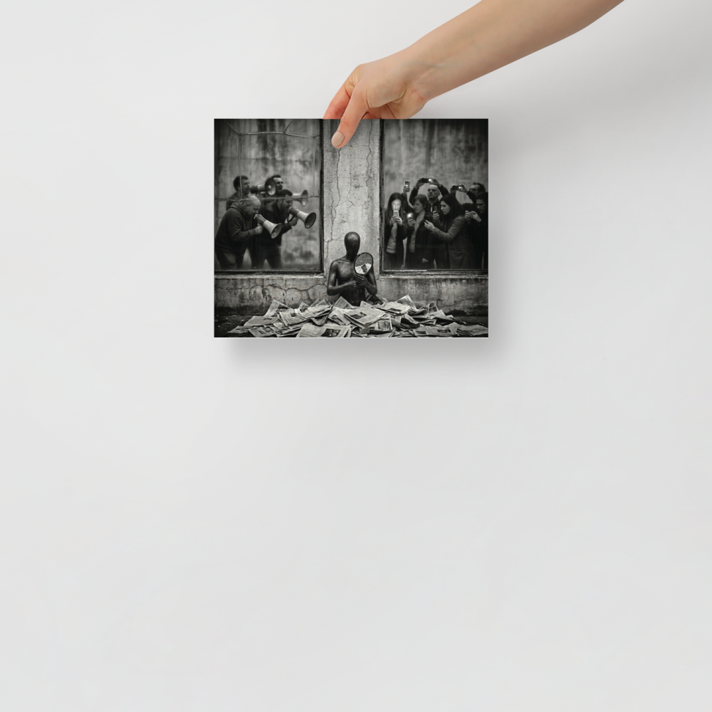'The Spectacle' — a Surrealism print. A surreal black and white photograph of a faceless figure holding a cracked mirror amidst newspapers, surrounded by people shouting through megaphones and recording with phones, perfect for an Office.