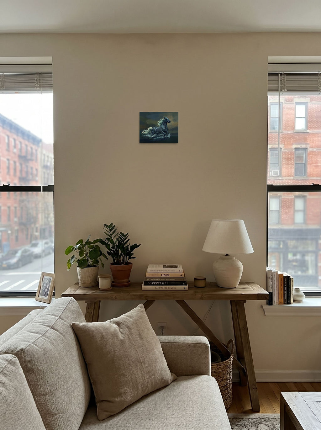 Symbolism wall art 'Kelpie of the Dark Loch', unframed paper at 10x8 inch, anchoring a living room seating area.