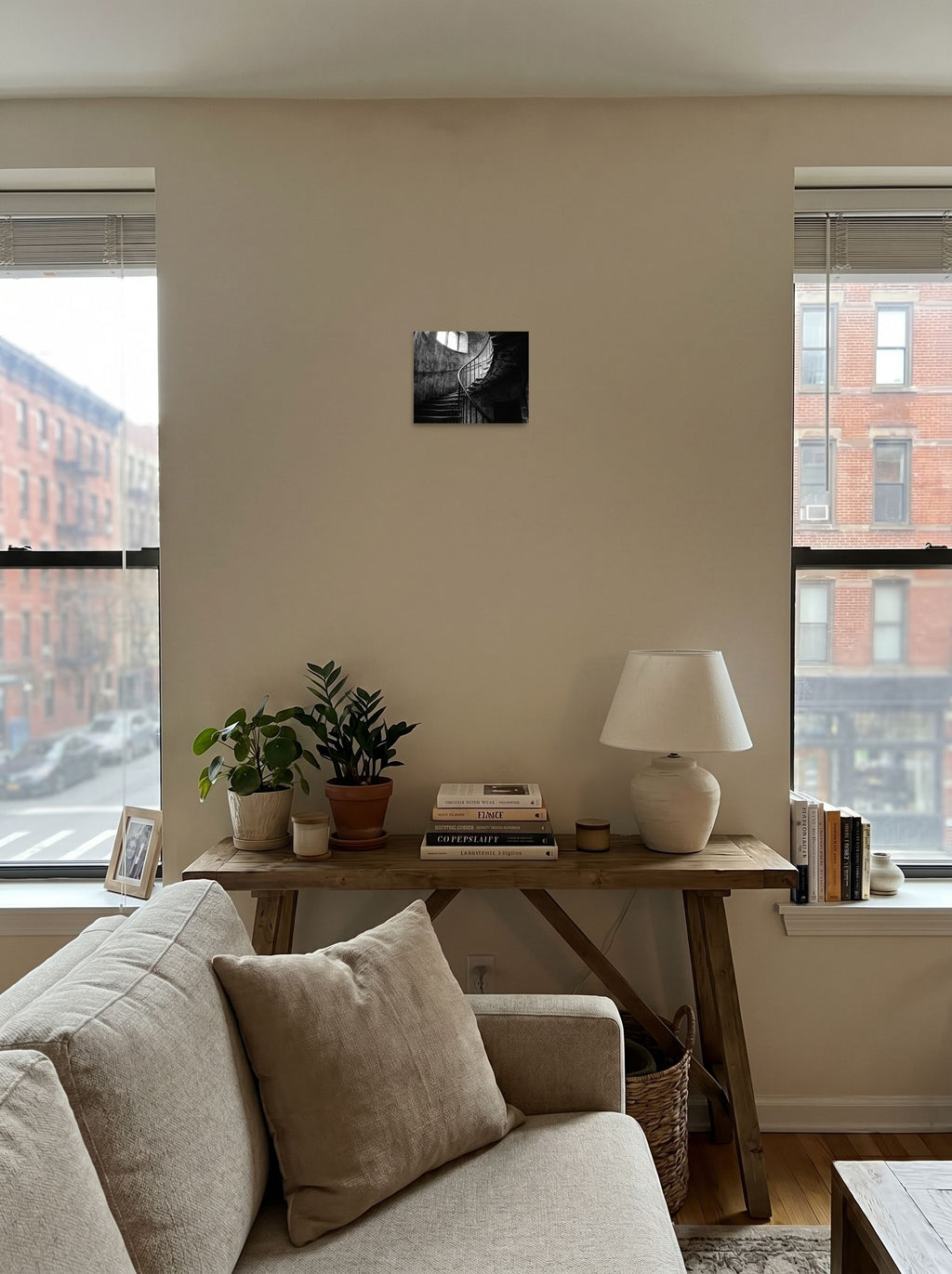 A 10x8 inch unframed paper Art photography print of 'Ascending Shadows' displayed in the center of a living room.