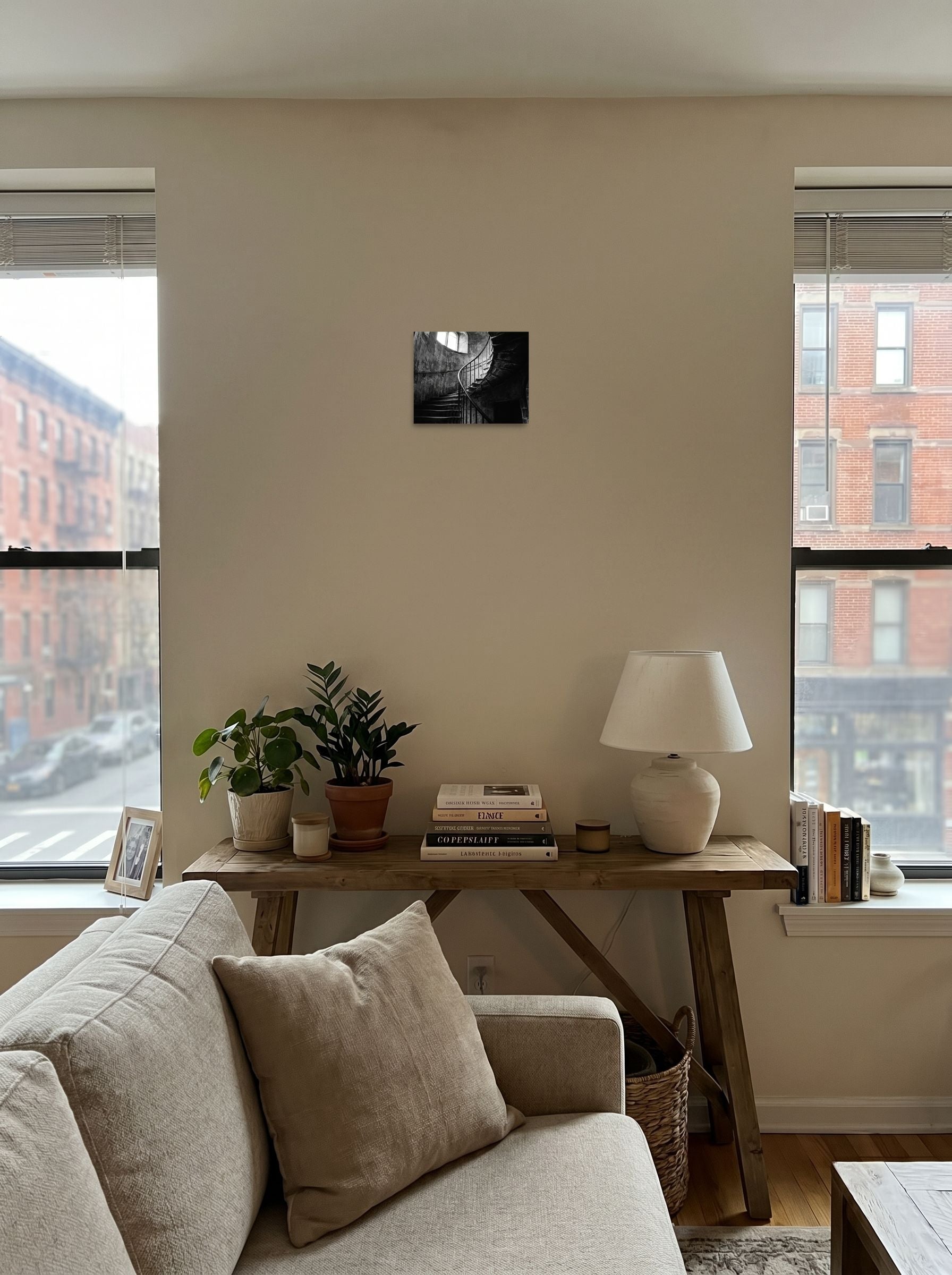A 10x8 inch unframed paper Art photography print of 'Ascending Shadows' displayed in the center of a living room.
