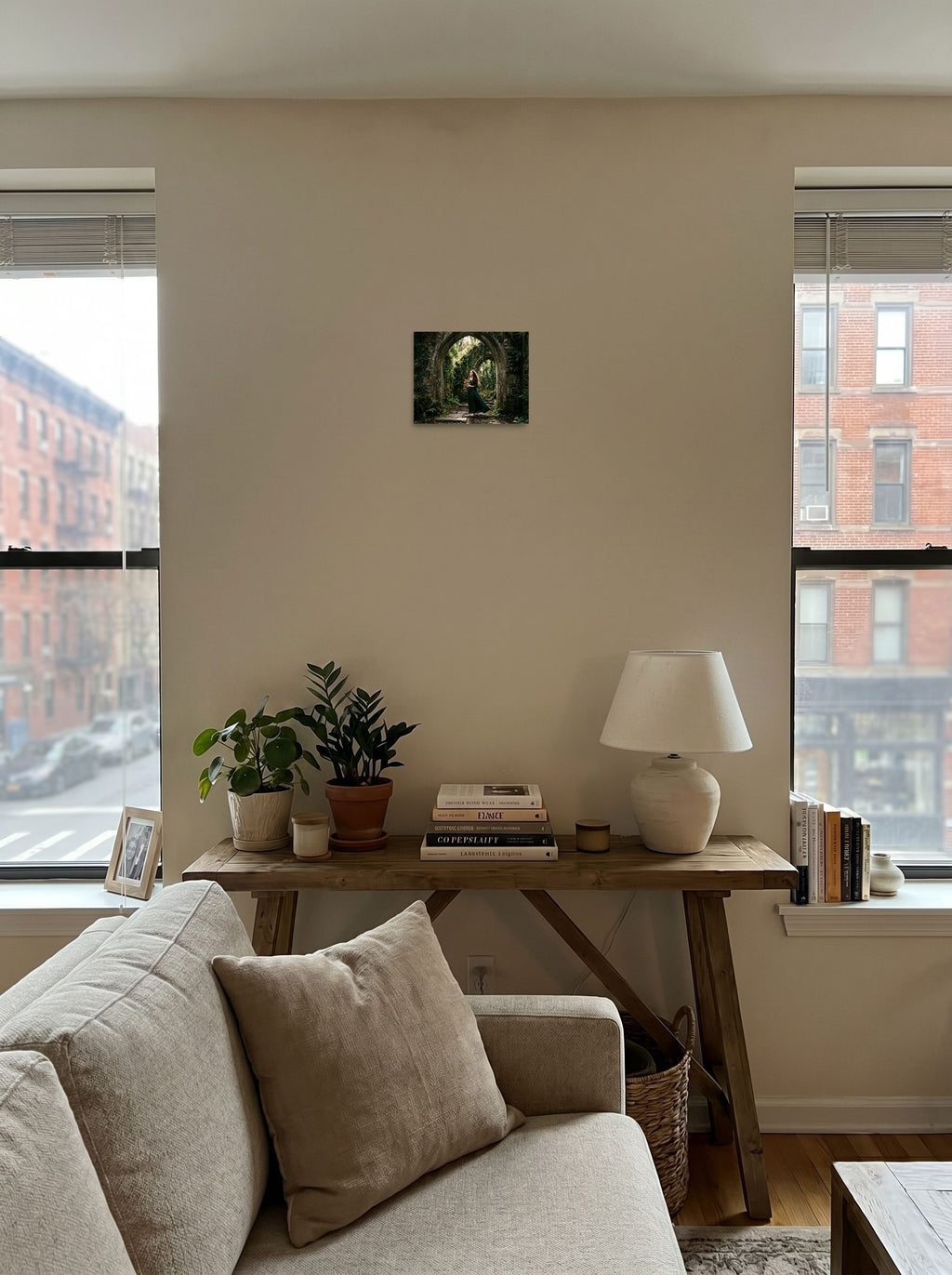 A 10x8 inch unframed paper Art photography print of 'The Forest Guardian' displayed in the center of a living room.