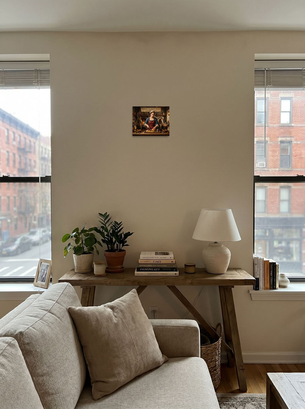 10x8 inch unframed paper print of 'Taberna Alimenti Veloci', as the centerpiece of a living room wall.
