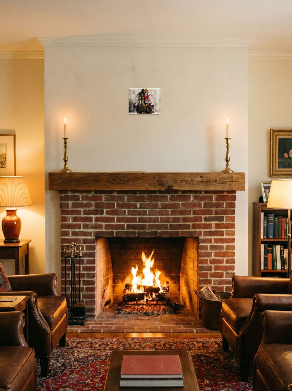 'The Currency of Protest', a Dau-al-Set print hung over a fireplace as a focal point. Shown as unframed paper, 10x8 inch.
