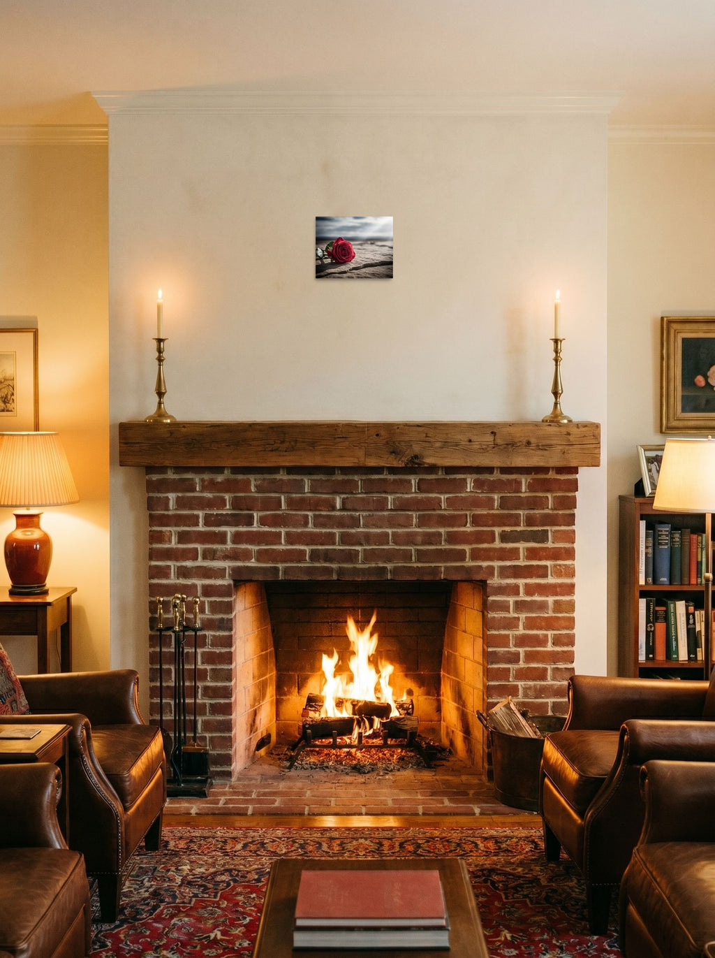 A 10x8 inch unframed paper Art photography print of 'Red Rose on Stone' displayed above a fireplace.