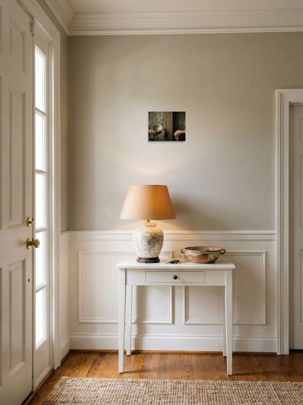 A 10x8 inch unframed paper Art photography print of 'The Divide' hanging in an entryway near a console.