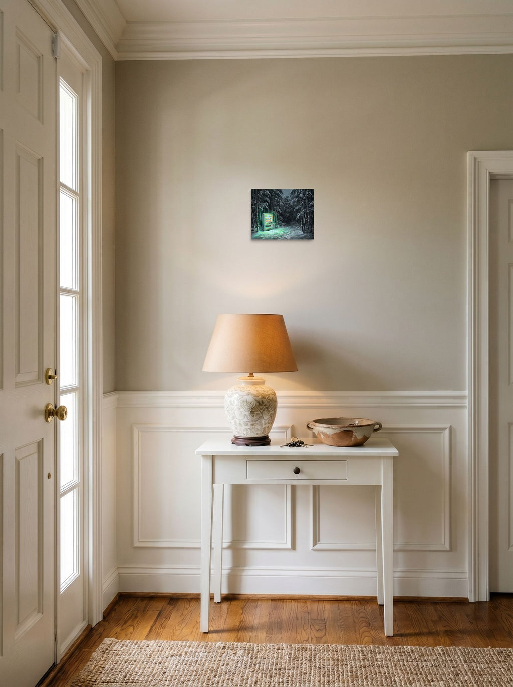 A 10x8 inch unframed paper Magic realism print of 'Midnight Glow in the Grove' hanging in an entryway near a console.