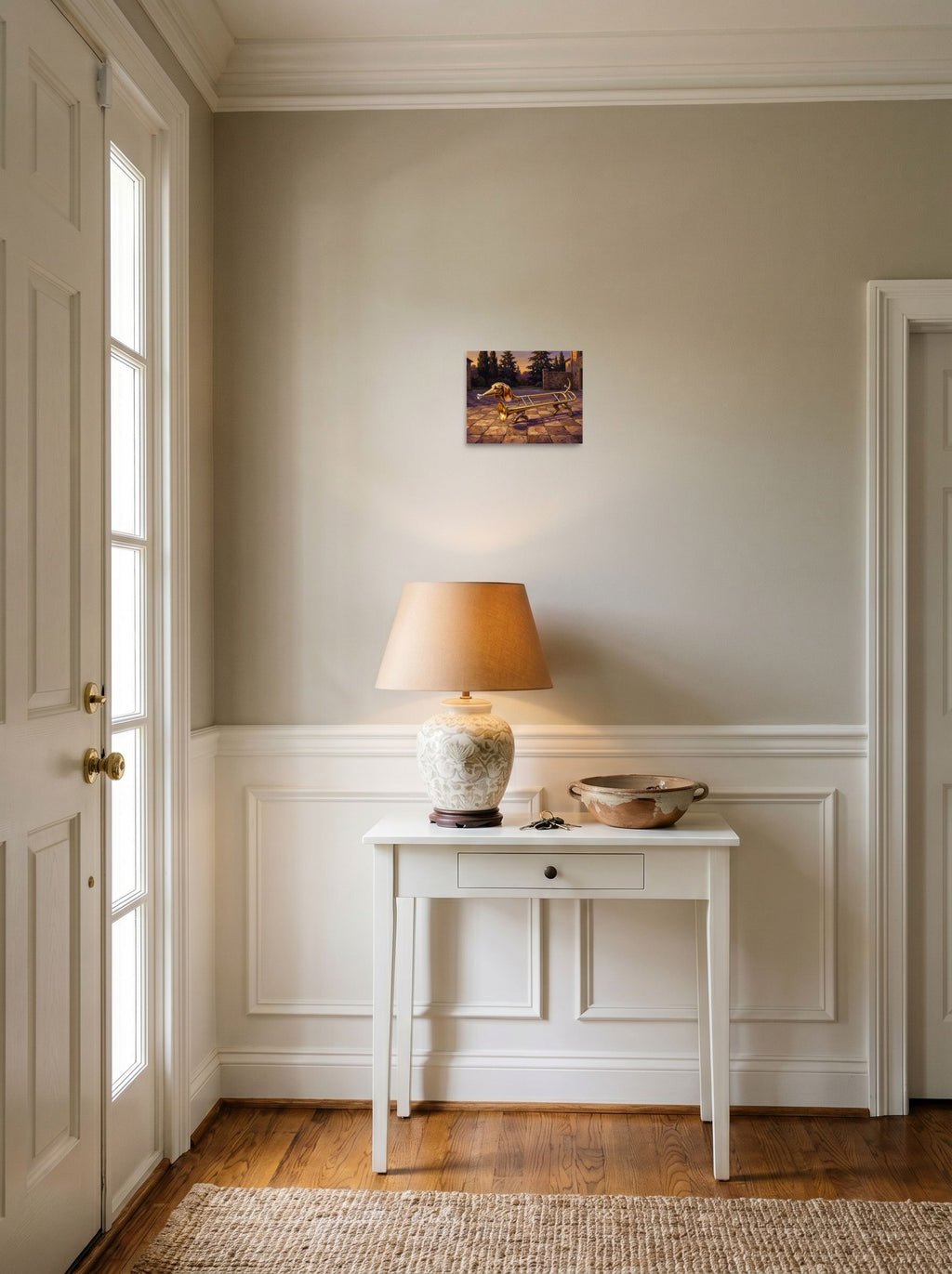 The unframed paper print 'The Trombone Hound' hanging in an entryway near a console, shown at 10x8 inch.