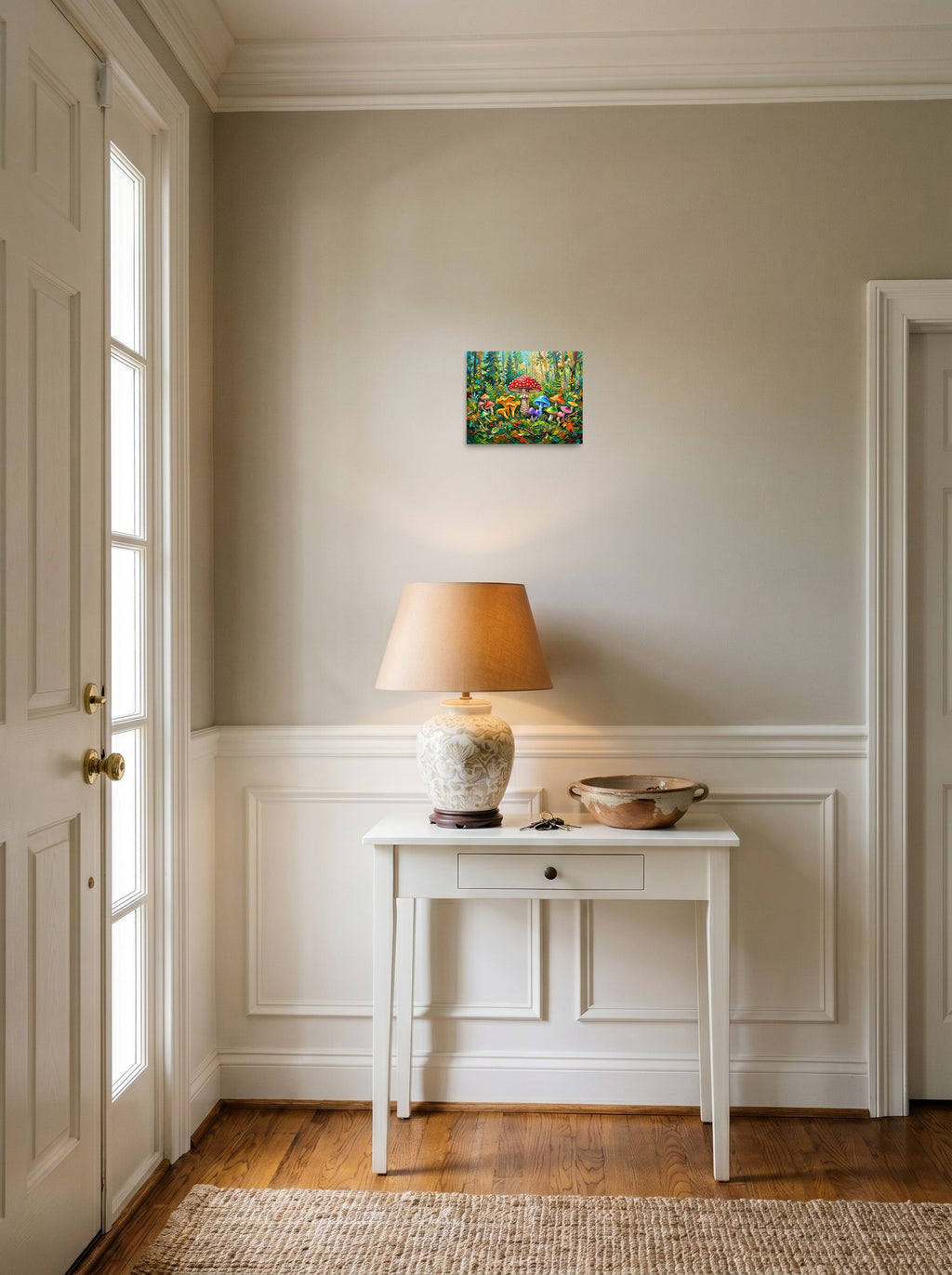 A 10x8 inch unframed paper Fauvism print of 'The Enchanted Grove' hanging in an entryway near a console.