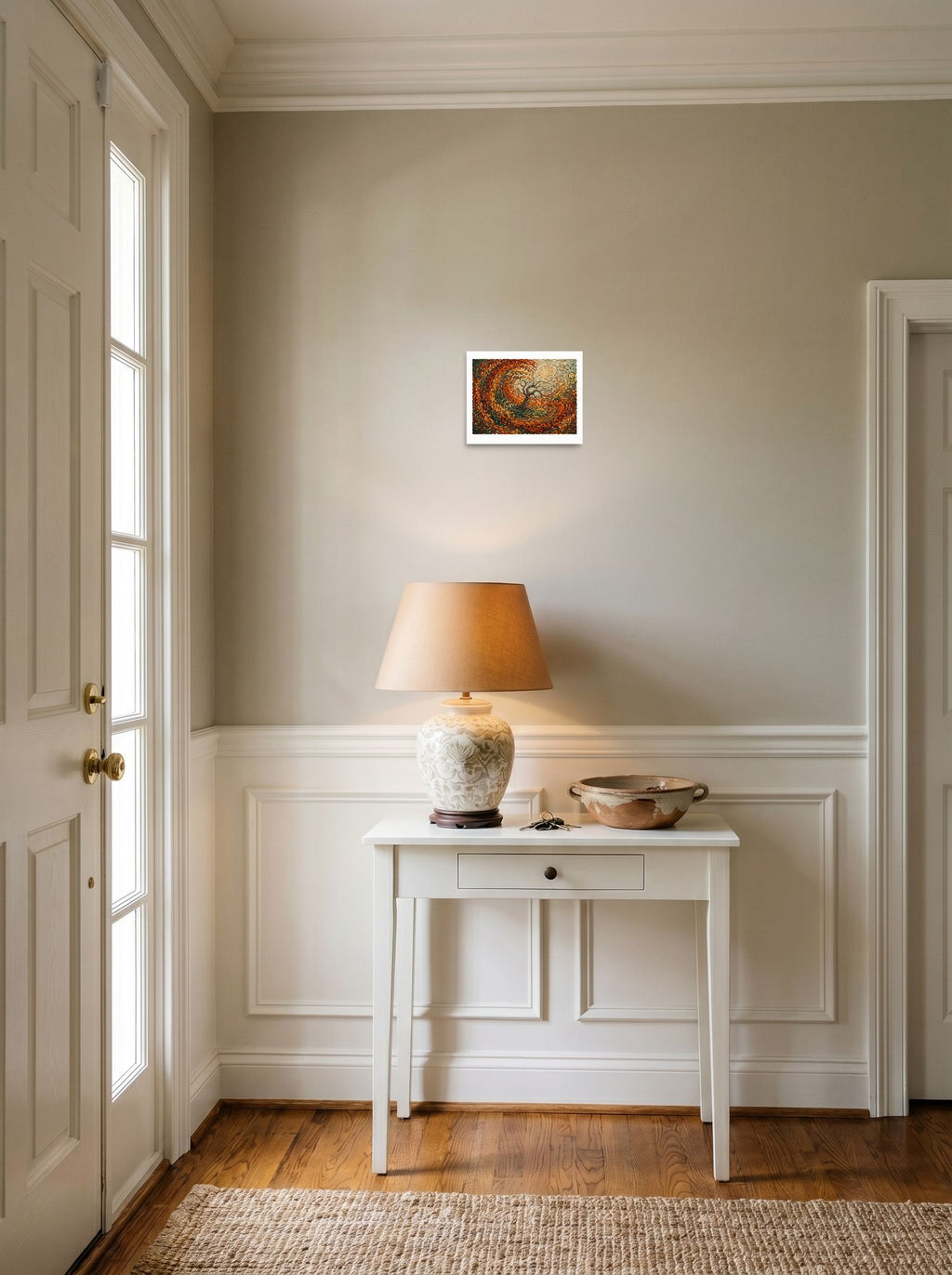 'Autumn's Embrace' as a unframed paper print, 10x8 inch, styled above a console table in an entryway.