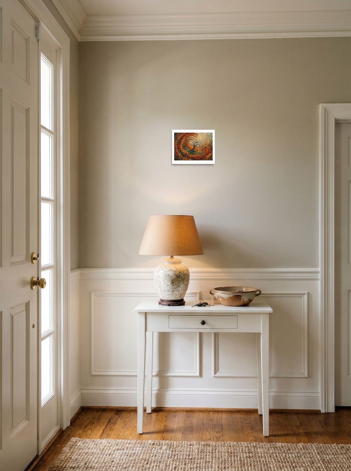 'Autumn's Embrace' as a unframed paper print, 10x8 inch, styled above a console table in an entryway.