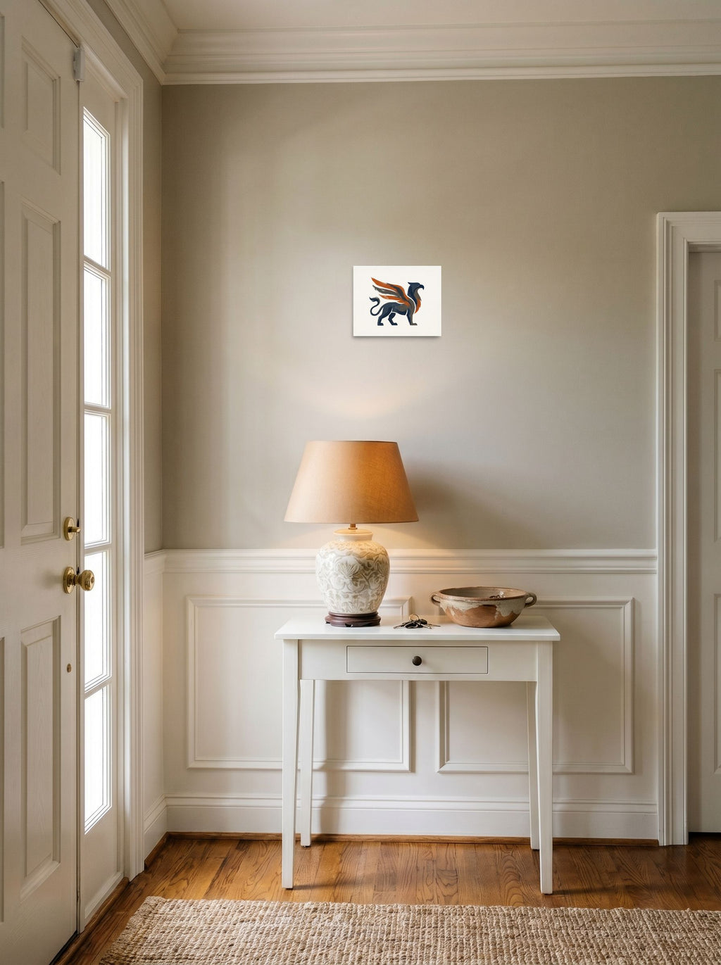 See 'Guardian Griffin' as a unframed paper print (10x8 inch), styled above a console table in an entryway.