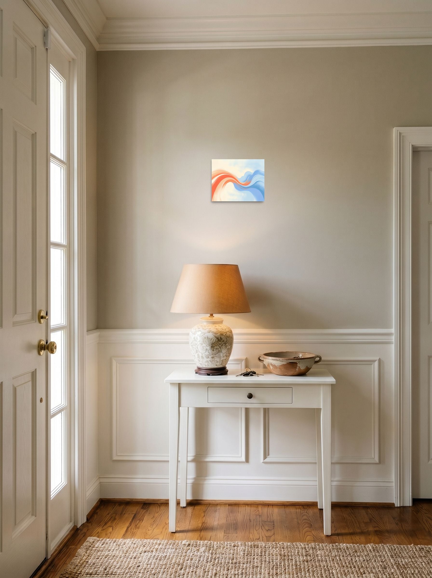 A 10x8 inch unframed paper Abstract art print of 'Soft Serenade' hanging in an entryway near a console.