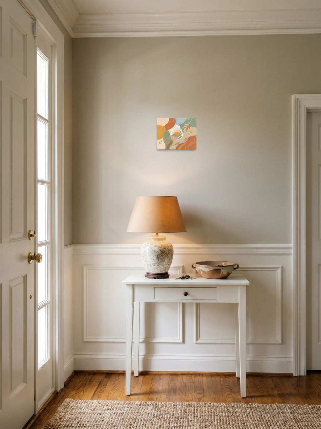A 10x8 inch unframed paper Abstract expressionism,Minimalism print of 'Painted Sunset Oasis' hanging in an entryway near a console.