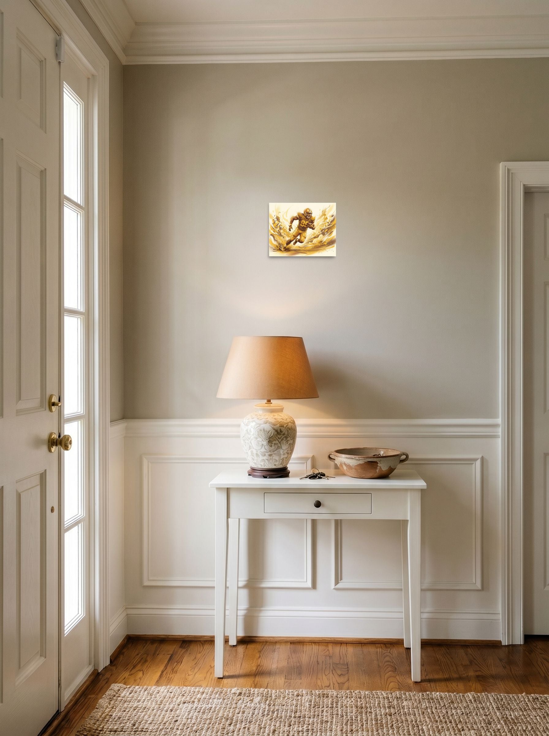 A 10x8 inch unframed paper Figurative art print of 'Golden Gridiron' hanging in an entryway near a console.