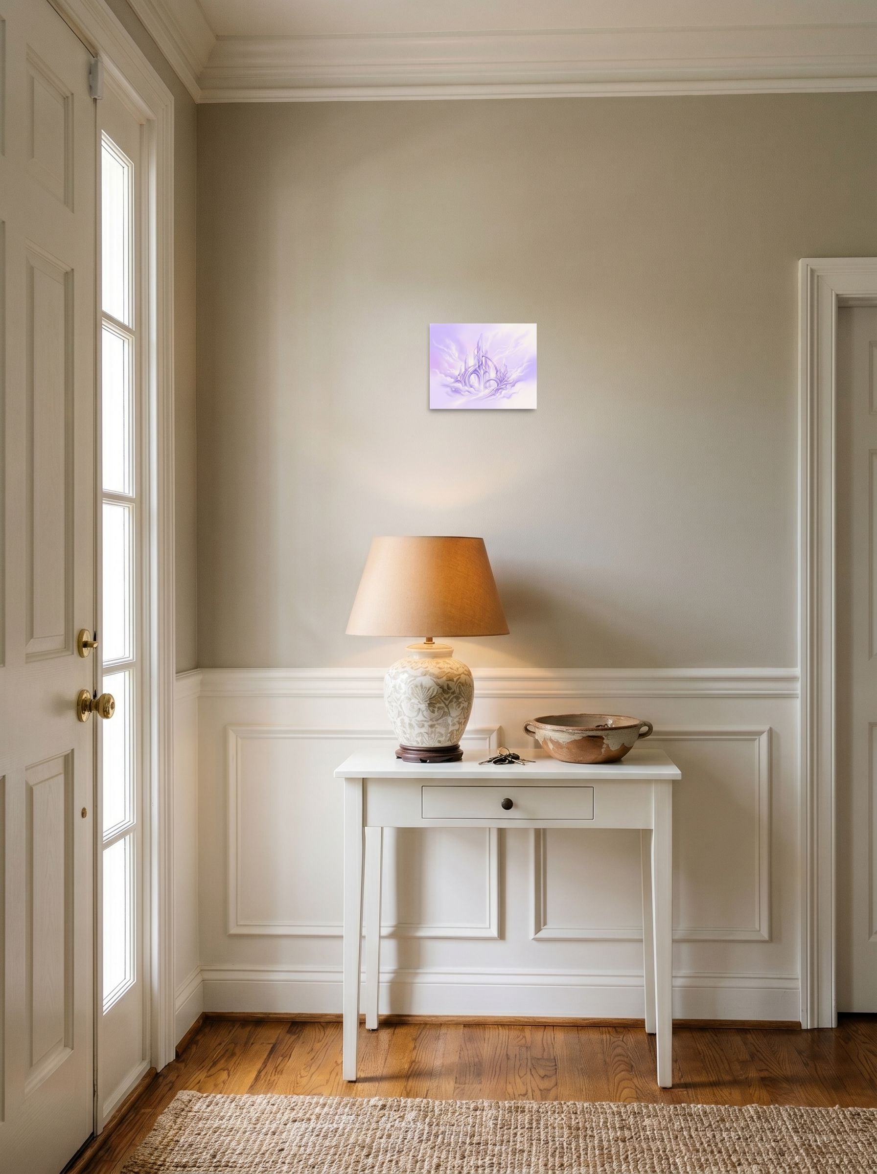 A 10x8 inch unframed paper Surrealism print of 'Cloud City Crystal' hanging in an entryway near a console.