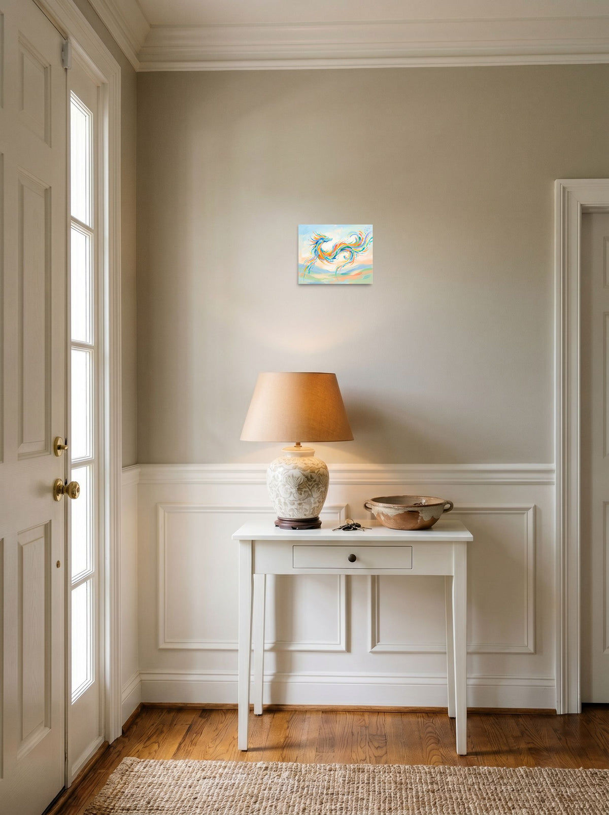 'Celestial Dragon' styled above a console table in an entryway. A 10x8 inch unframed paper Expressionism print.